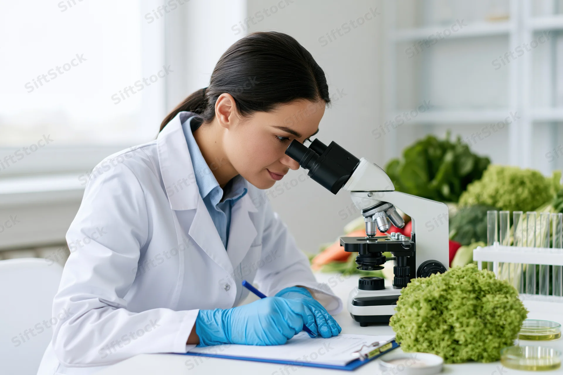 Woman in lab coat examining vegetables through microscope in laboratory while writing notes on clipboard