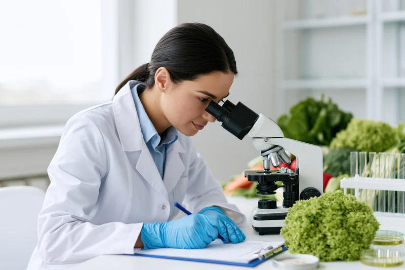 Woman in lab coat examining vegetables through microscope in laboratory while writing notes on clipboard
