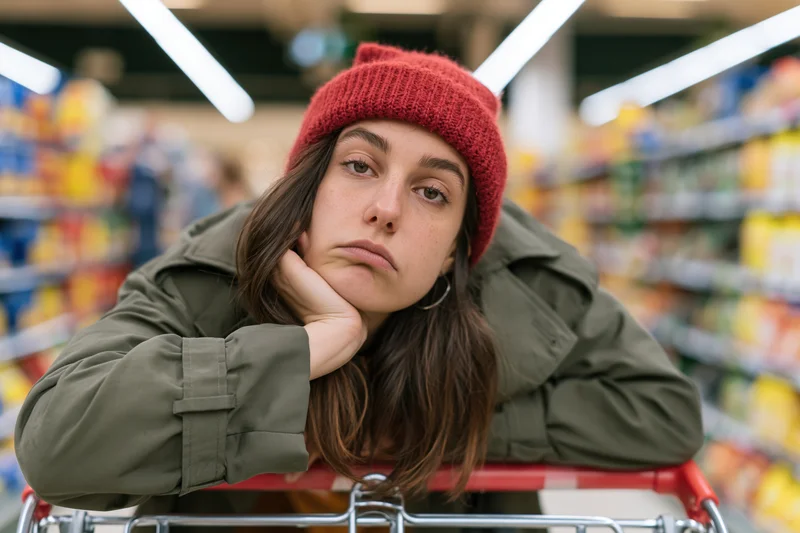 Young woman resting her head on a grocery cart handle in a supermarket aisle