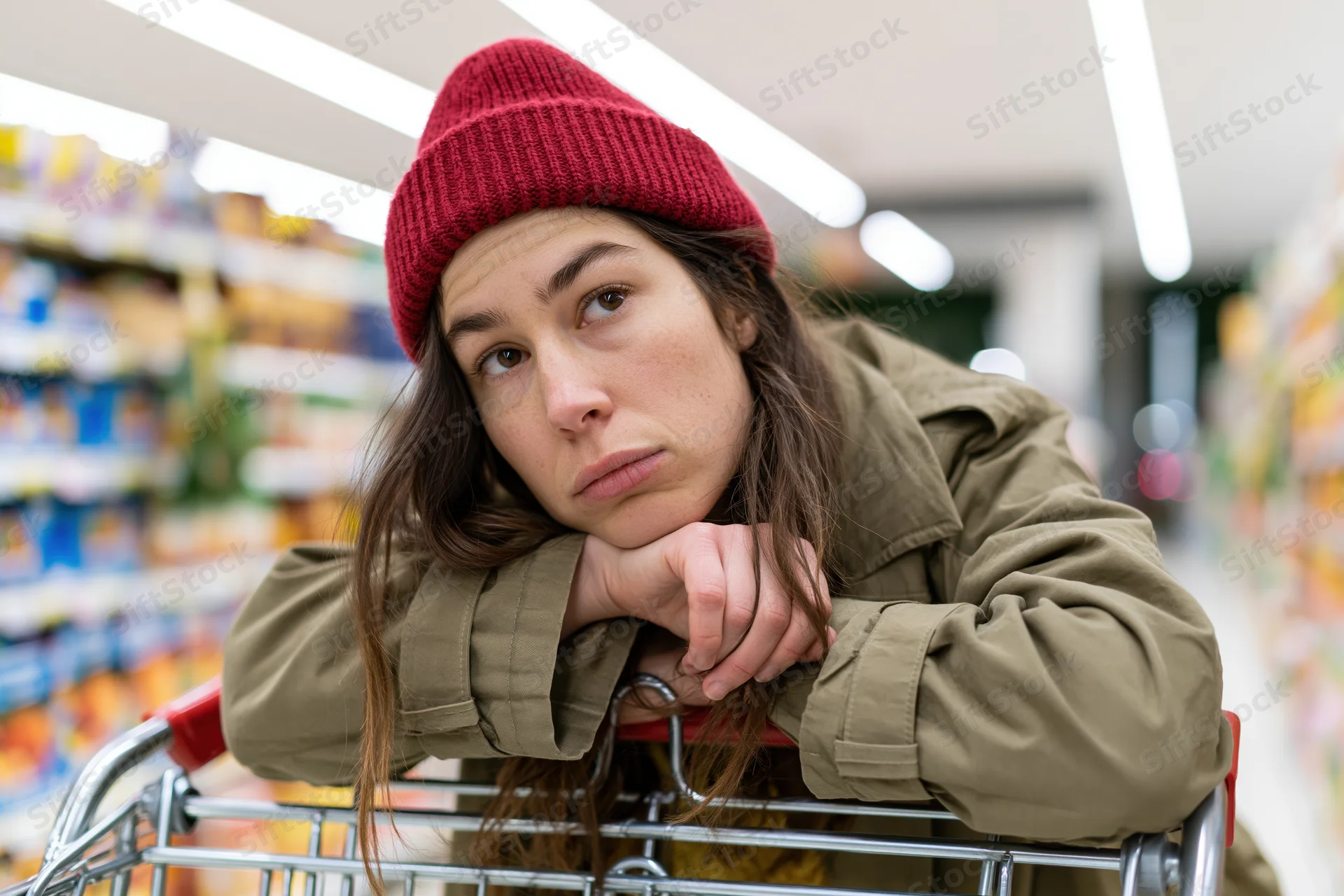 Young woman leaning tiredly on grocery cart handle in supermarket aisle