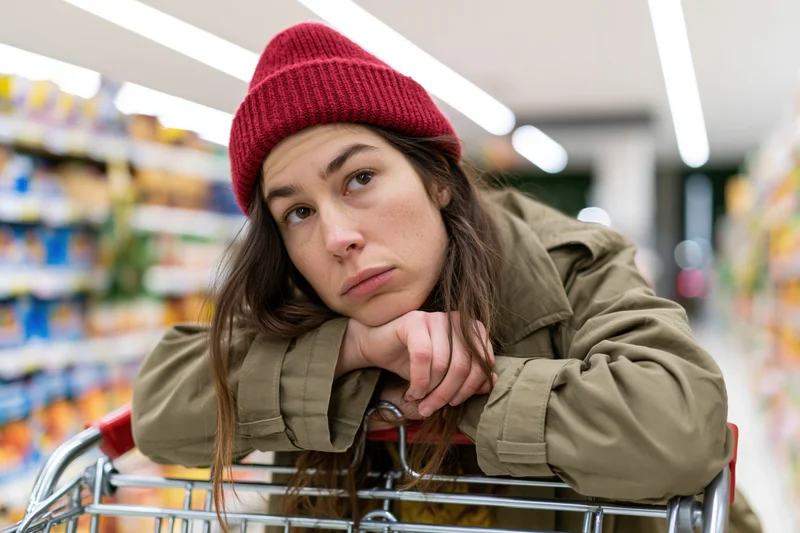 Young woman leaning tiredly on grocery cart handle in supermarket aisle