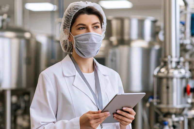 Woman in lab coat and mask holding tablet in industrial brewery setting