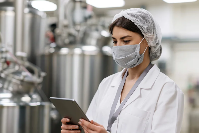 Woman in lab coat and mask holding tablet while inspecting equipment in factory