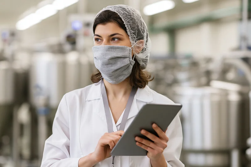 Woman in lab coat and mask holding tablet in factory setting