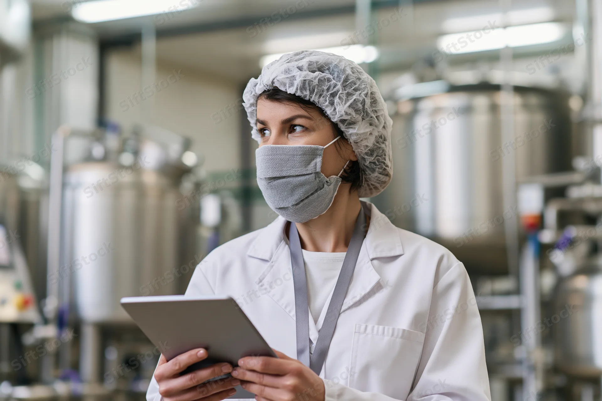 Woman in lab coat and mask holding tablet in industrial factory setting