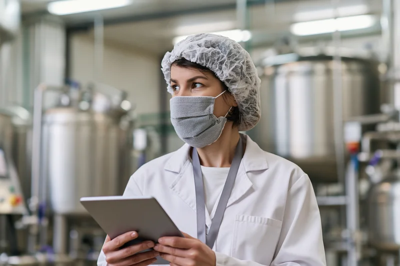Woman in lab coat and mask holding tablet in industrial factory setting
