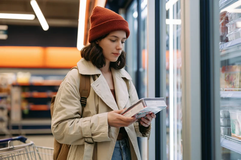 Woman reading food label in supermarket aisle near refrigerator