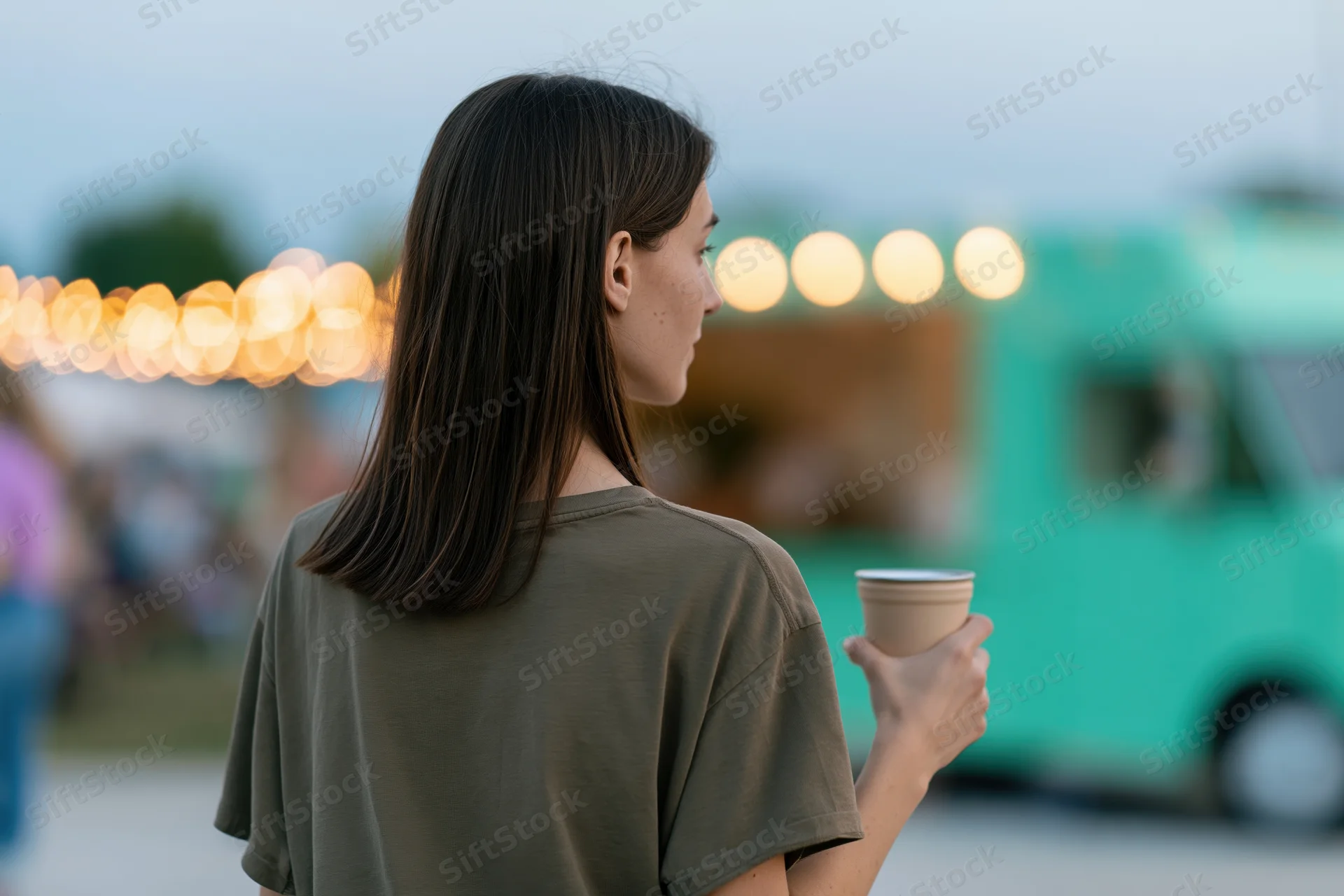 Young woman seen from behind holding a takeaway cup at an outdoor evening event with food truck and string lights in background