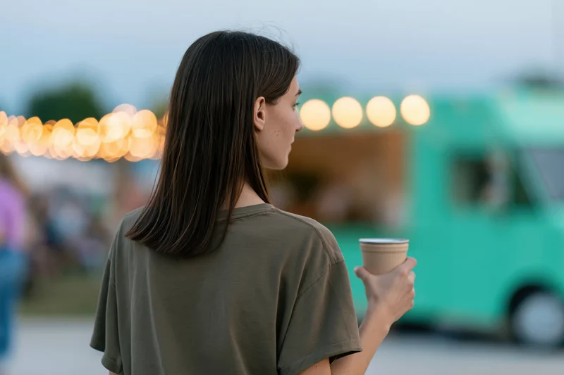Young woman seen from behind holding a takeaway cup at an outdoor evening event with food truck and string lights in background