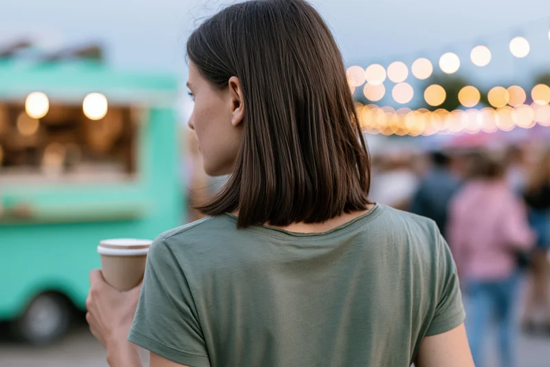 Young woman seen from behind holding a takeaway coffee cup at an outdoor evening market with food truck and string lights in background