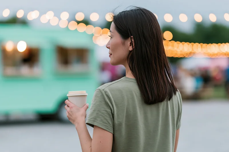 Young asian woman holding a takeaway coffee cup outdoors at evening market with string lights in background