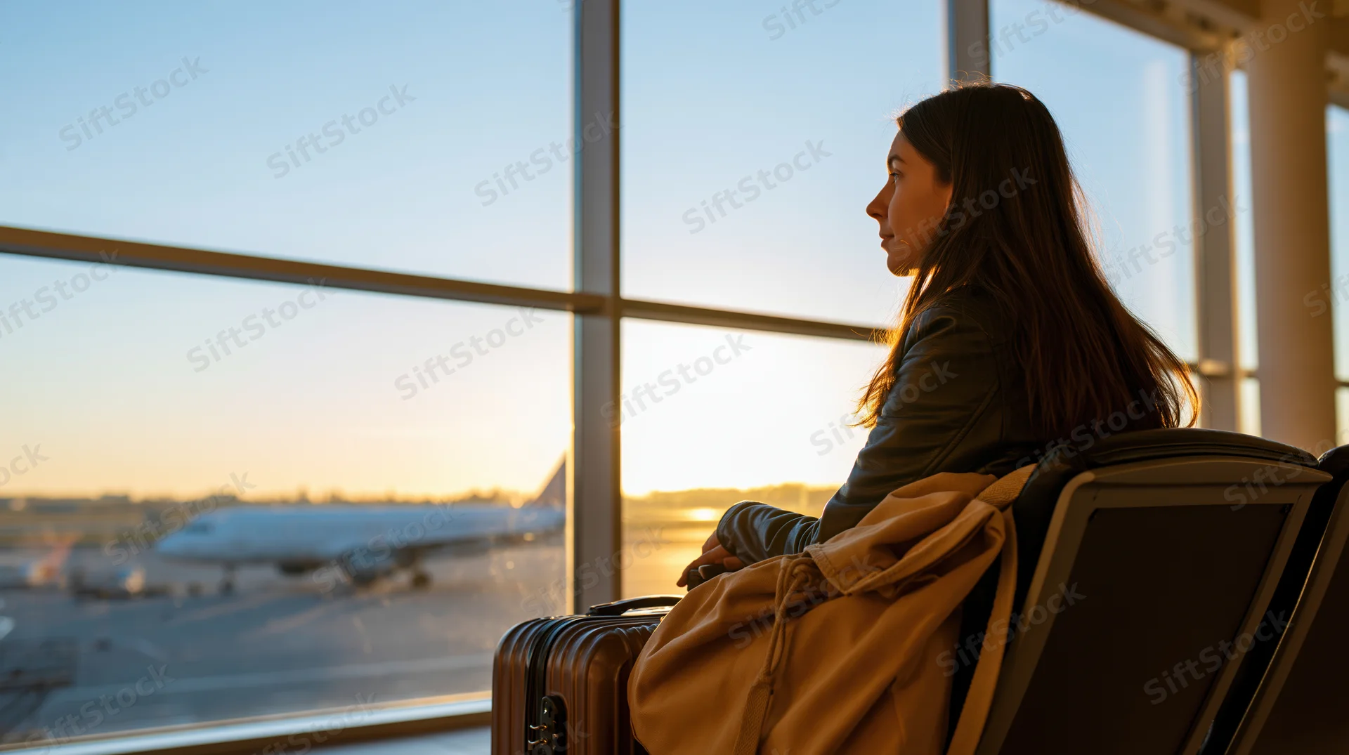 Woman sitting alone at airport departure gate looking out window at airplane during sunset