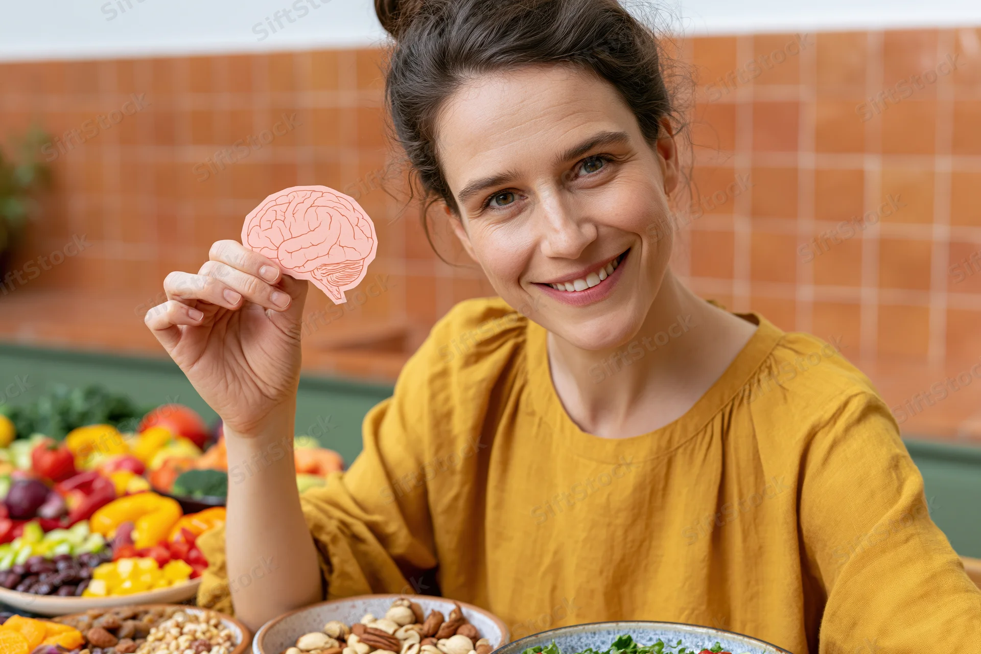 Woman holding brain cutout smiling at table with colorful fruits vegetables and nuts in kitchen