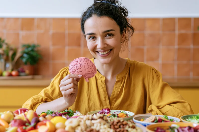 Woman holding a brain model over a table filled with colorful healthy foods in a kitchen