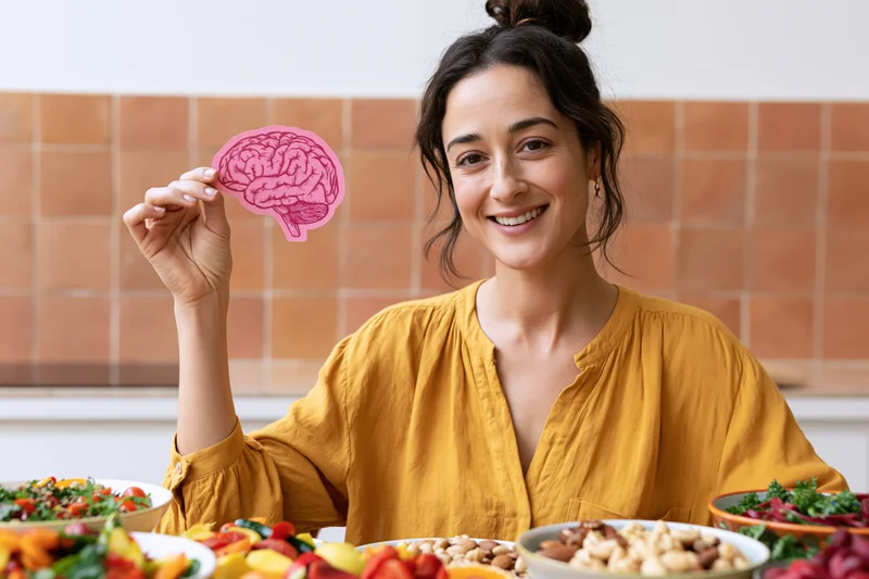 Woman holding pink brain cutout smiling at kitchen table with colorful food bowls