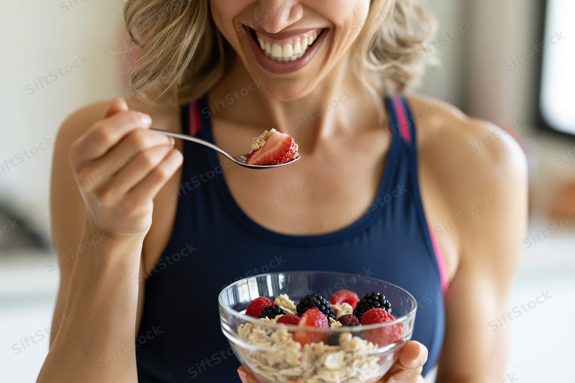 Woman smiling while lifting a spoonful of granola with berries from a glass bowl