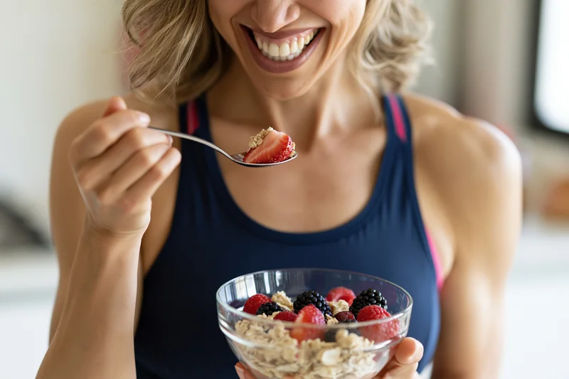 Woman smiling while lifting a spoonful of granola with berries from a glass bowl