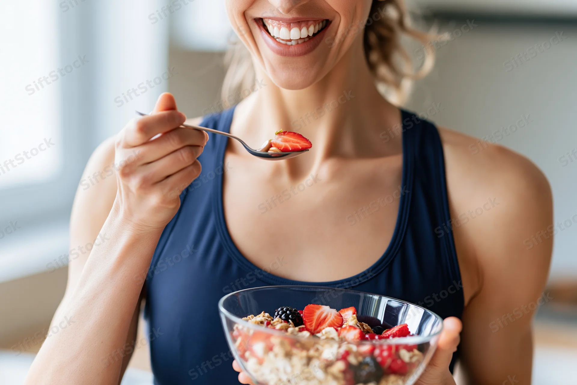 Smiling woman lifting spoonful of granola with berries in kitchen