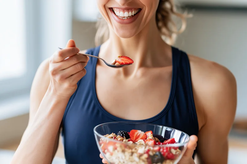 Smiling woman lifting spoonful of granola with berries in kitchen