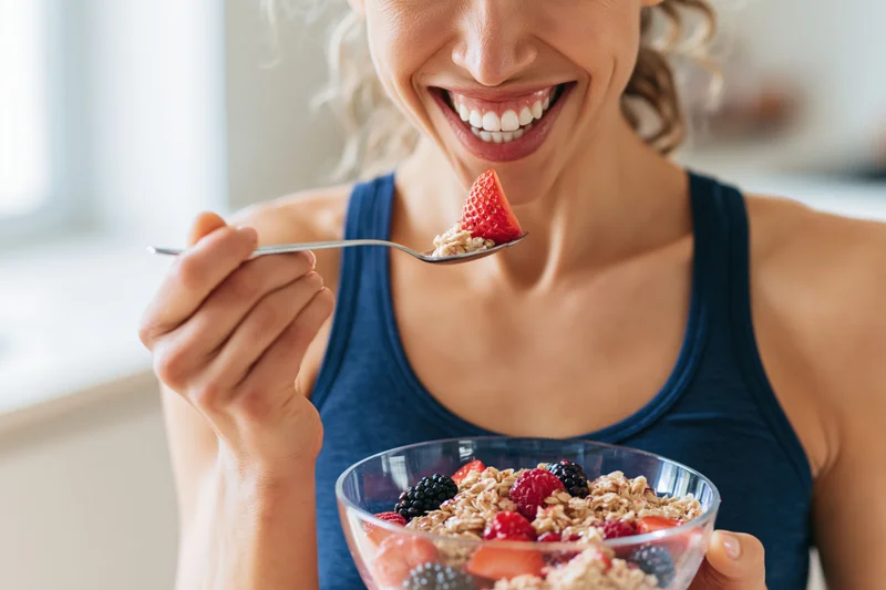Woman smiling while lifting a spoonful of granola with berries in a kitchen