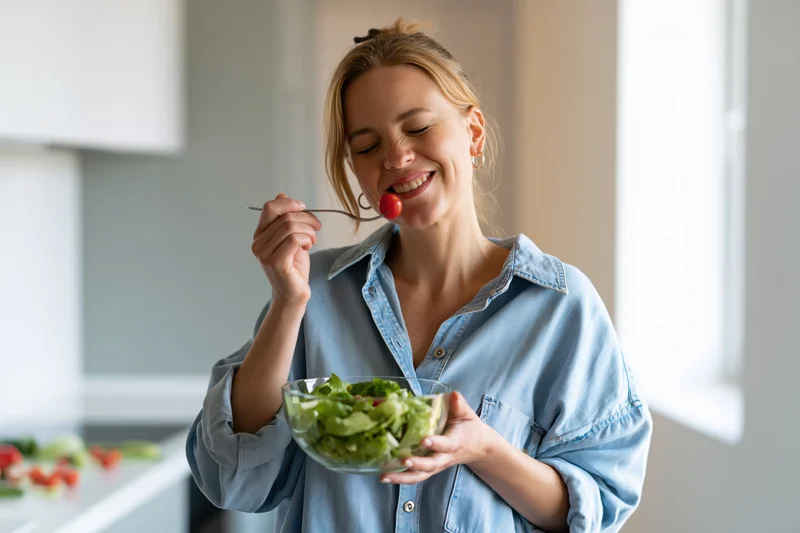 Woman eating salad with cherry tomato on fork in modern kitchen
