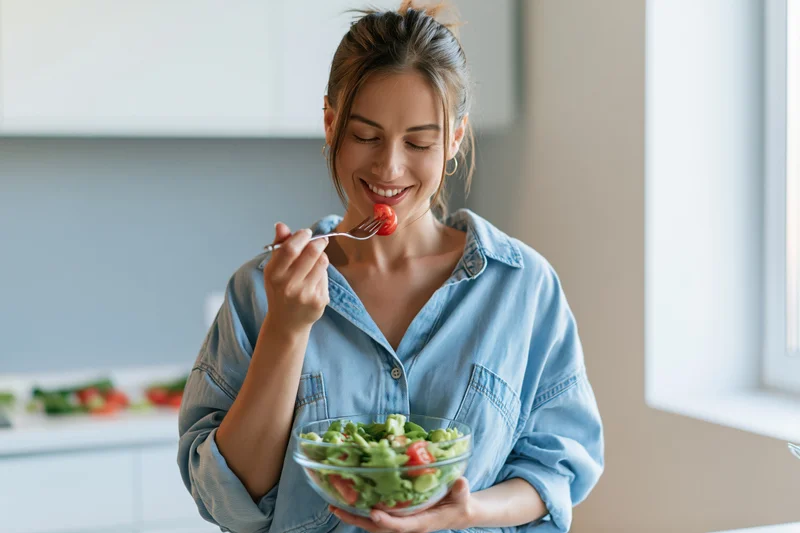 Young woman eating salad with fork in modern kitchen