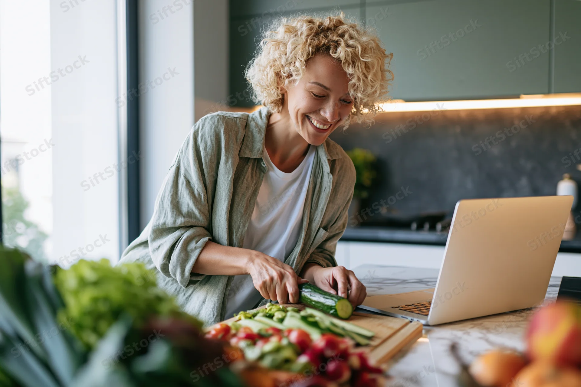 Woman chopping cucumber on cutting board in kitchen with laptop open beside her