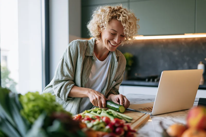 Woman chopping cucumber on cutting board in kitchen with laptop open beside her