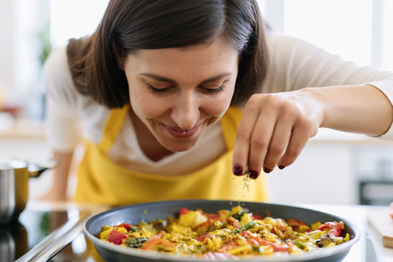 Woman seasoning a vegetable dish in a kitchen
