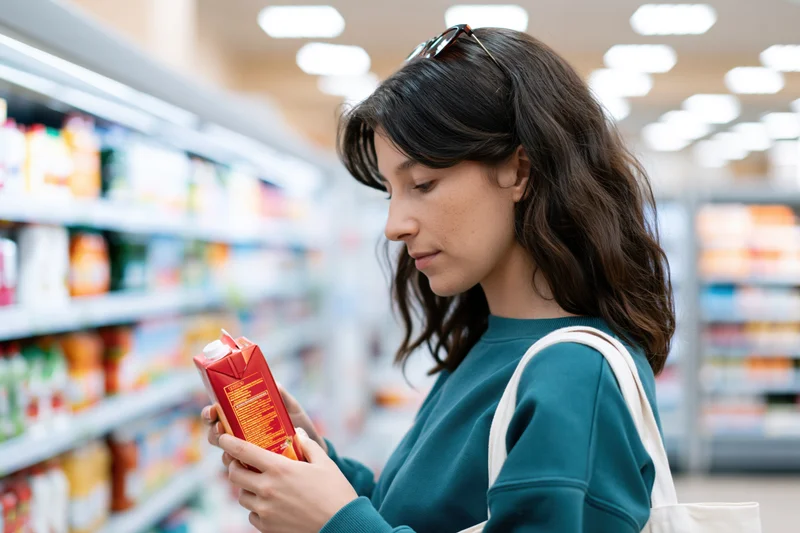Woman reading nutrition label on red juice carton in supermarket aisle