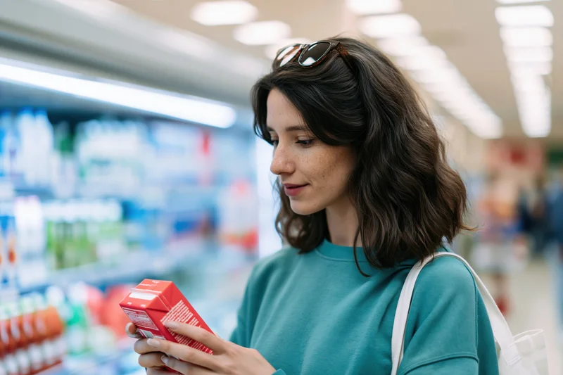 Woman reading a red juice carton label in a supermarket aisle