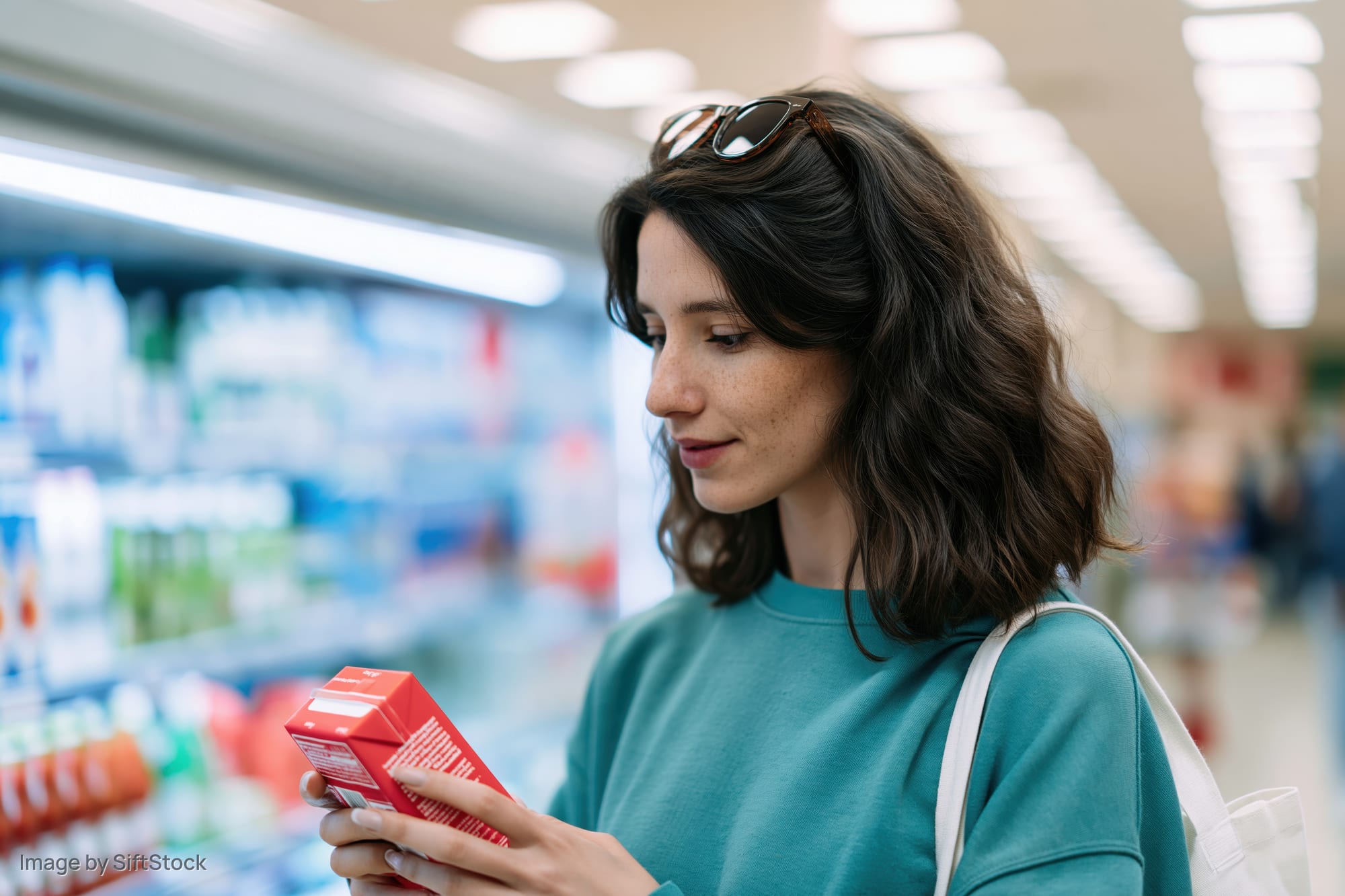 Woman reading a red juice carton label in a supermarket aisle