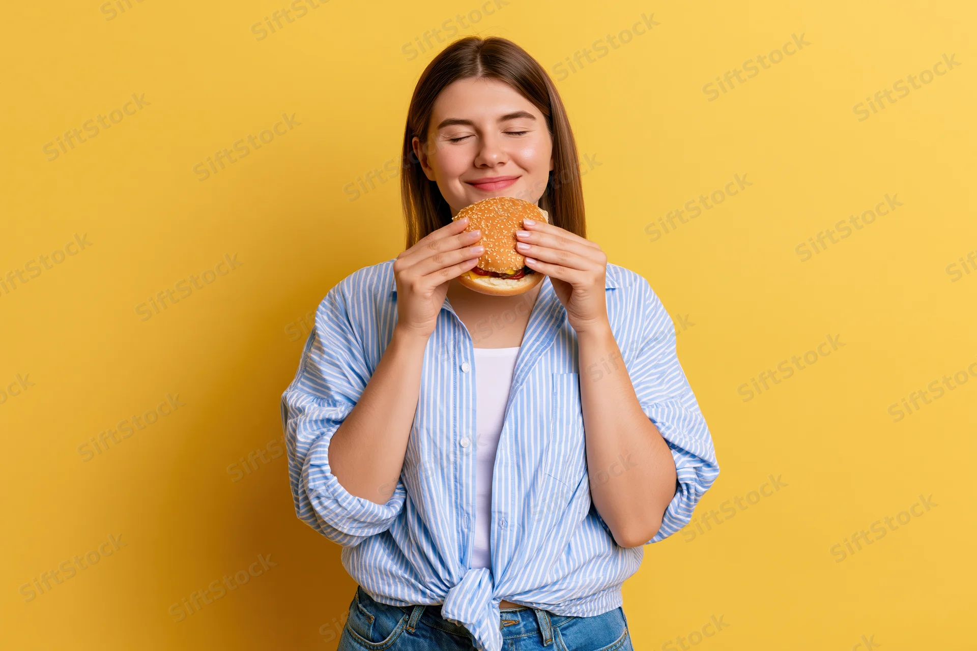 Young woman holding a burger with eyes closed and smiling against yellow background