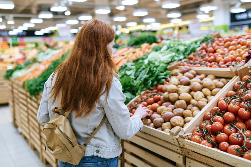 Young woman with long auburn hair shopping for fresh vegetables in a supermarket produce aisle