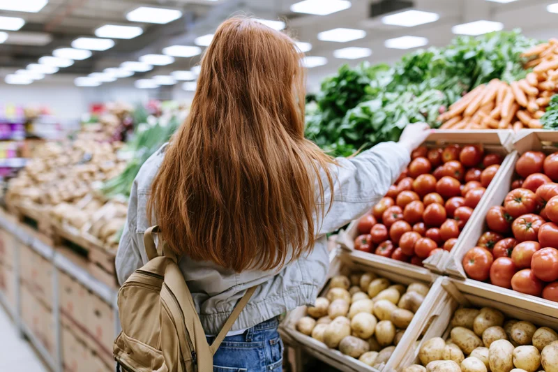 Woman shopping for vegetables in a supermarket produce aisle