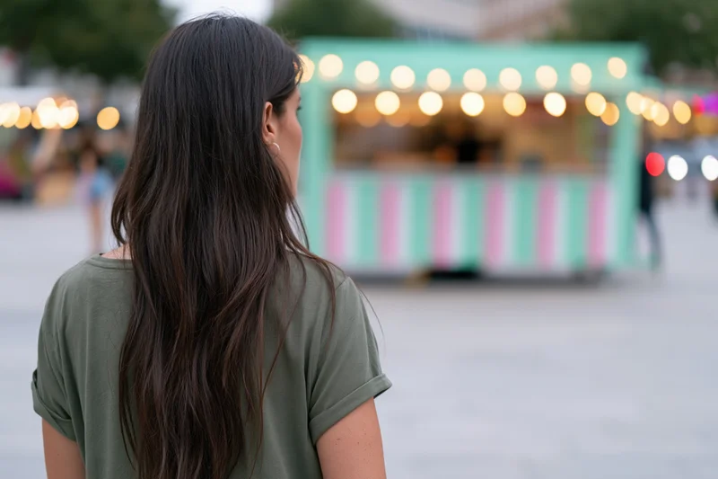 Young woman with long dark hair seen from behind facing a striped food truck at an outdoor market in the evening