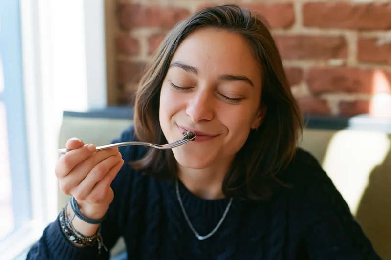 Woman smiling with eyes closed as she eats with a fork at a cafe table near a window