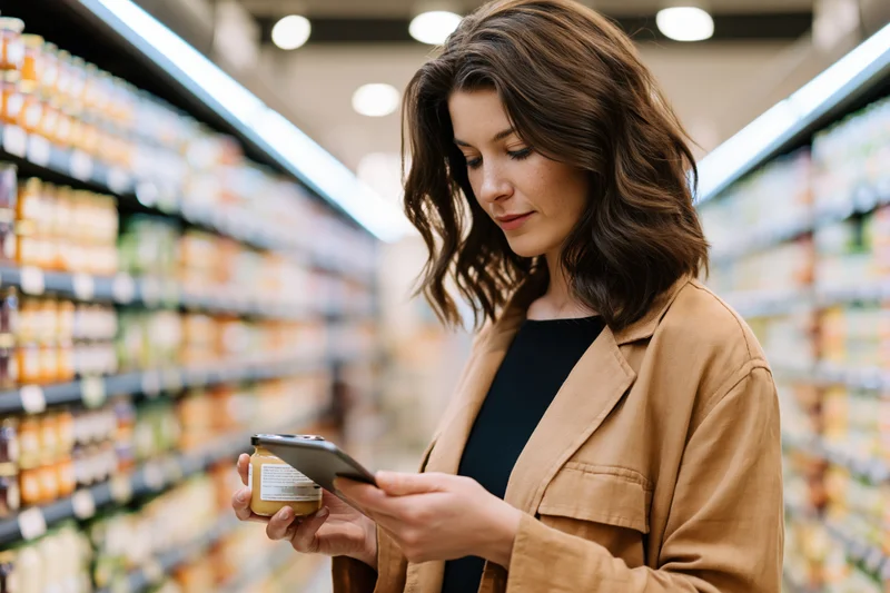Woman reading a food label on a jar while holding a smartphone in a supermarket aisle