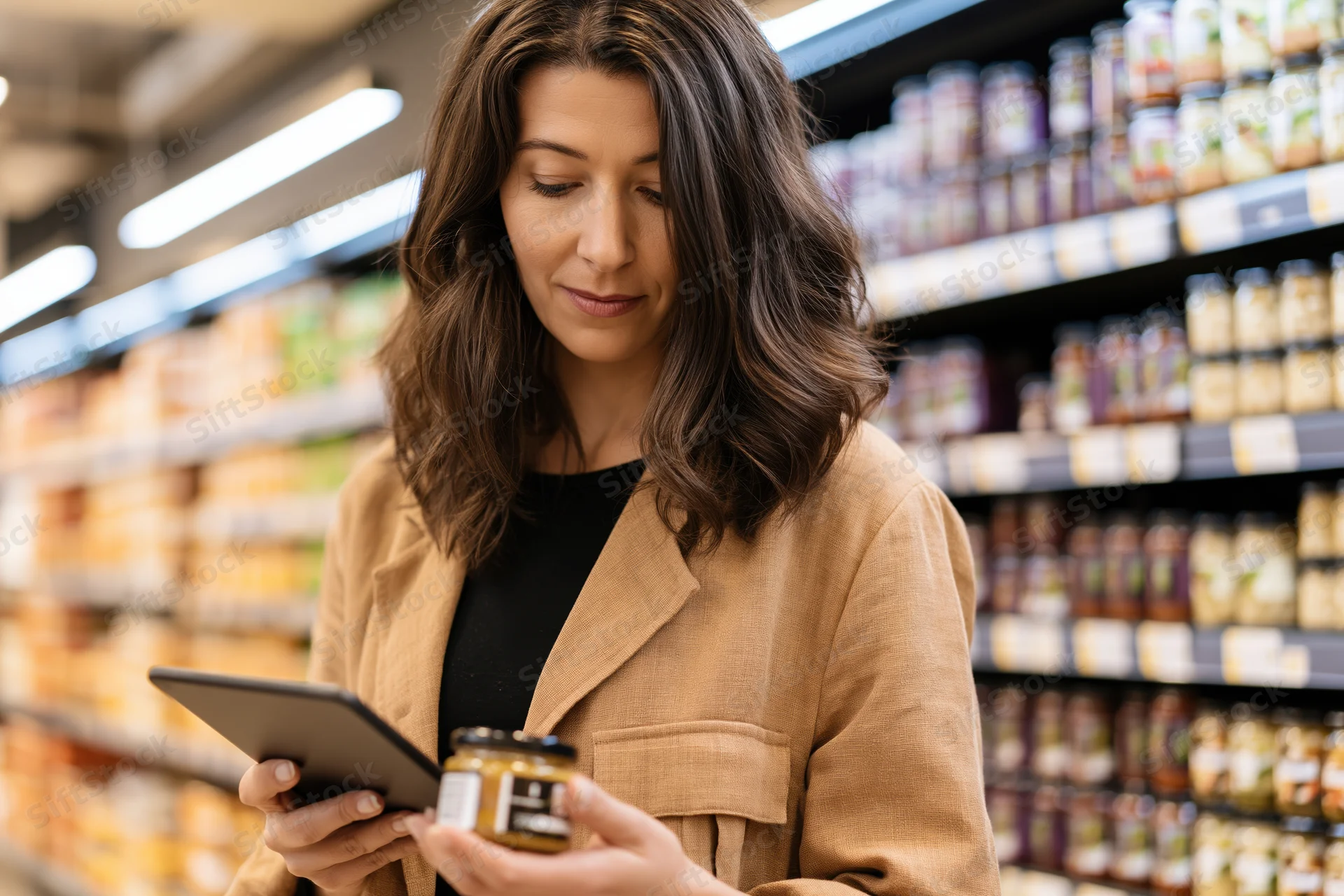 Woman reading a product label on a jar while holding a tablet in a supermarket aisle