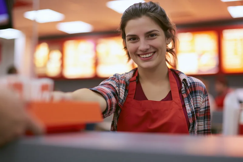 Young woman cashier smiling while handing orange box at fast food counter