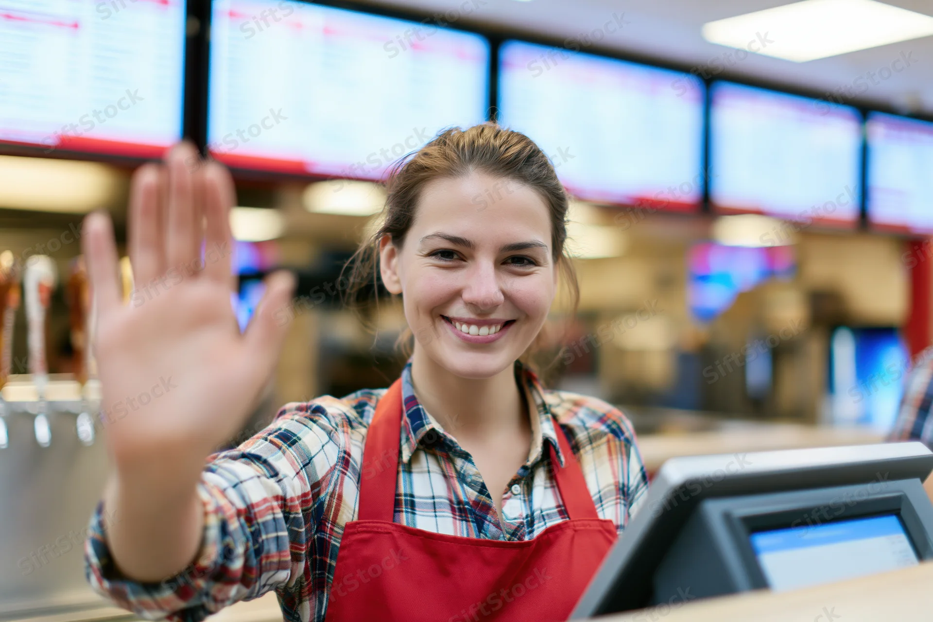 Young woman cashier waving at camera behind fast food counter