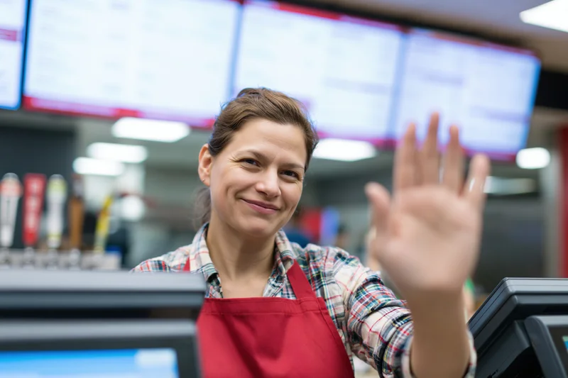 Woman cashier waving at camera behind fast food counter