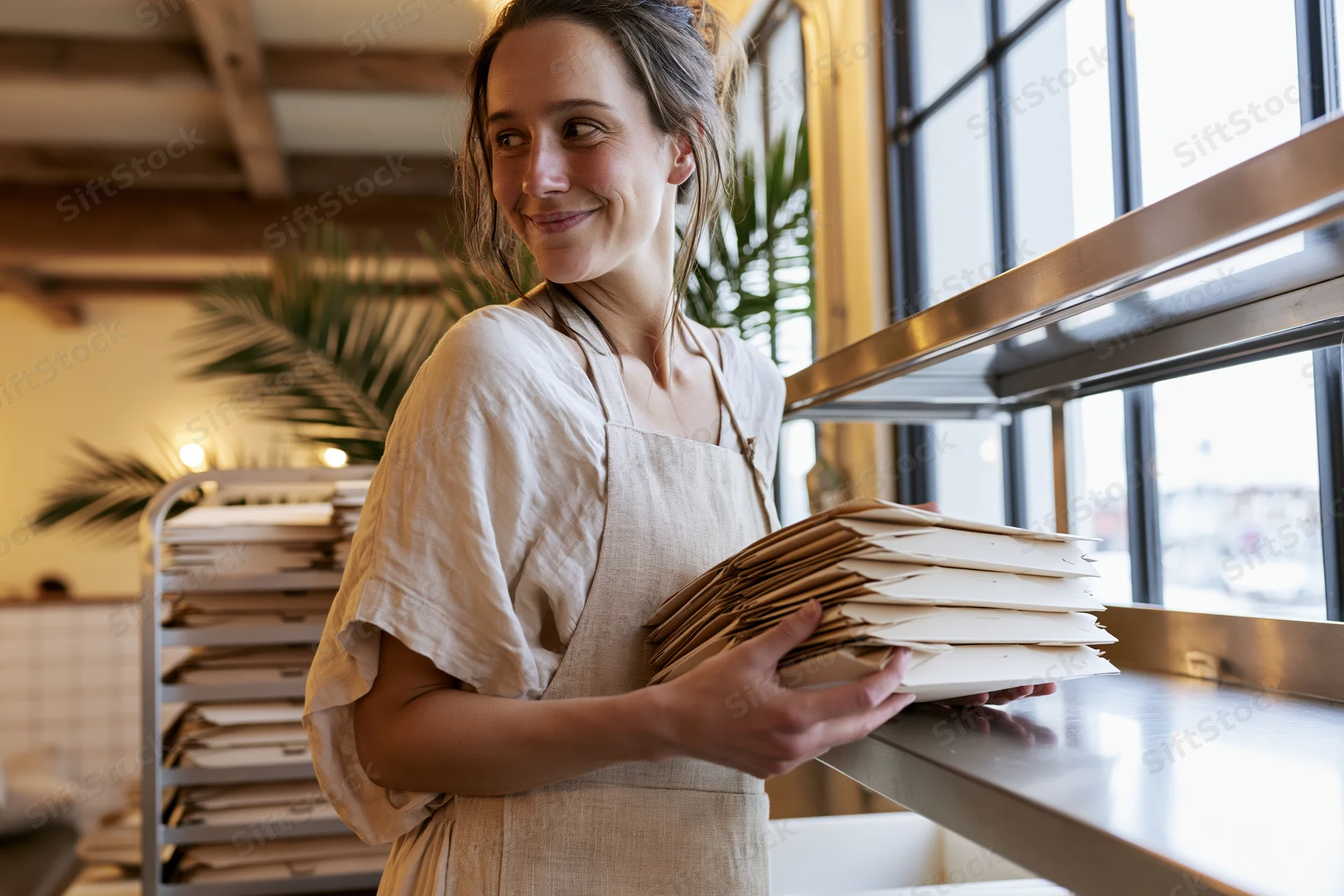 Woman in apron holding stack of takeout containers in restaurant kitchen near window