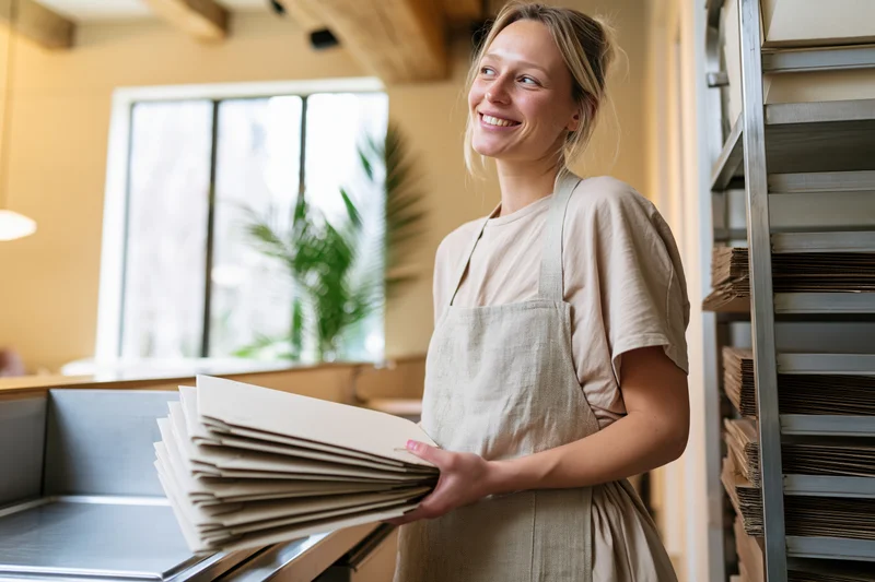 Woman in apron holding stack of paper in restaurant kitchen