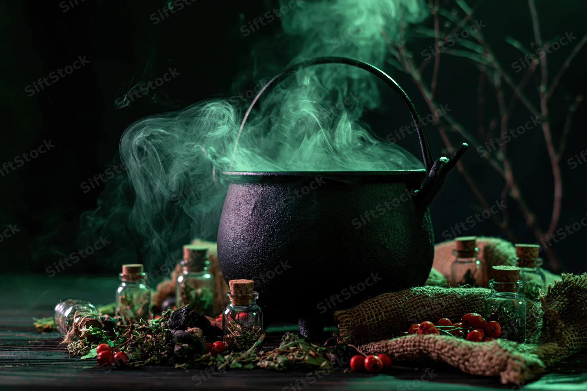 Black cast iron cauldron emitting swirling green smoke surrounded by herbs and glass bottles on a dark wooden table