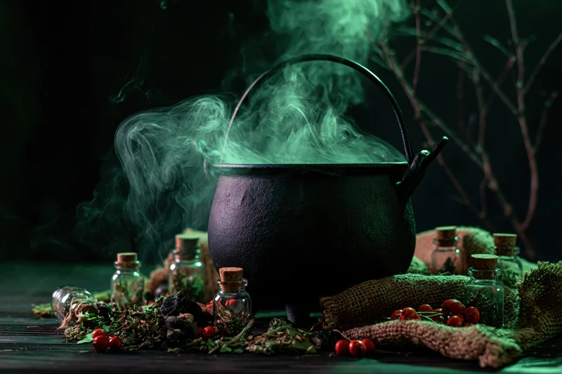 Black cast iron cauldron emitting swirling green smoke surrounded by herbs and glass bottles on a dark wooden table