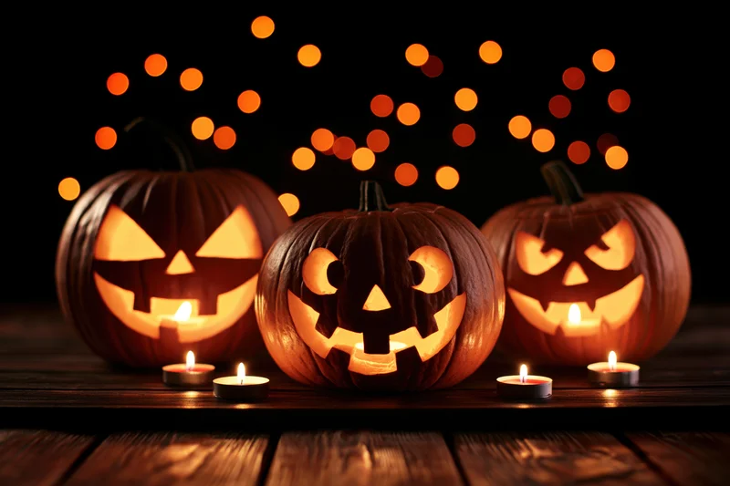 Three carved jack-o-lanterns glowing with candles on a wooden table at night