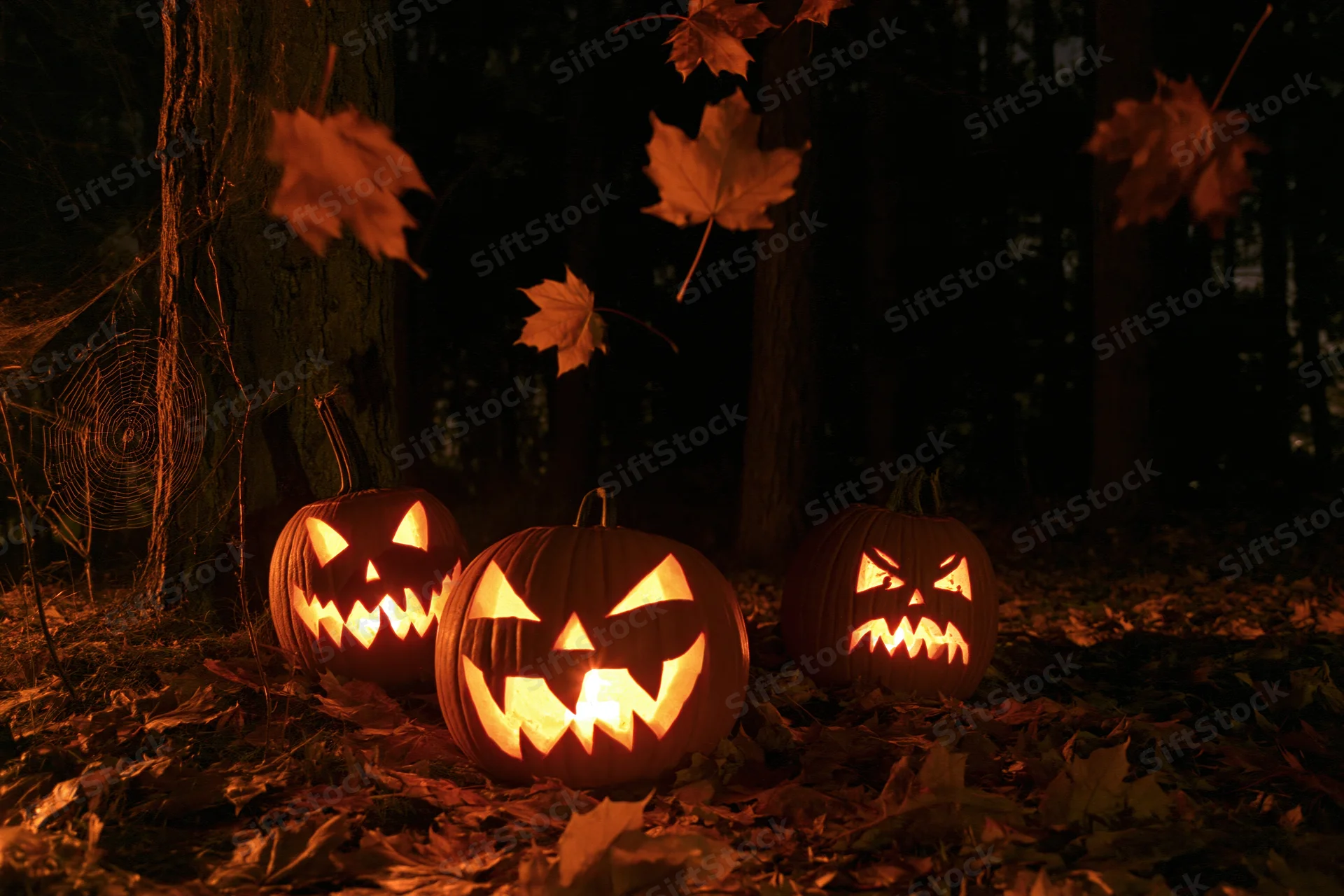 Three carved jack-o-lanterns glowing in a dark forest surrounded by falling autumn leaves