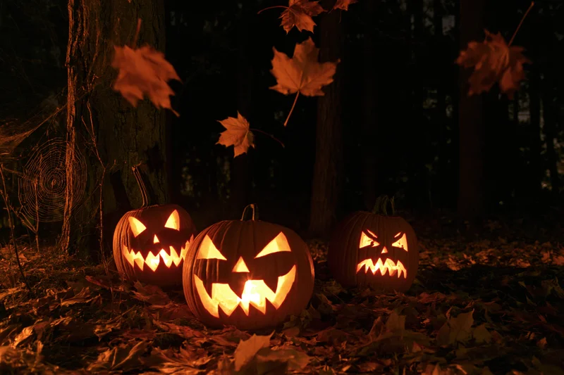 Three carved jack-o-lanterns glowing in a dark forest surrounded by falling autumn leaves
