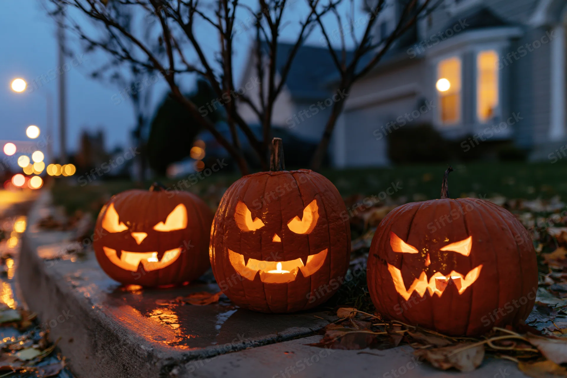 Three carved jack-o-lanterns with glowing menacing faces lined on a wet sidewalk in front of a house at dusk